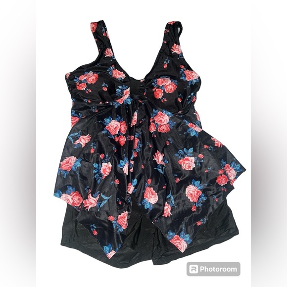 ESPRLIA Plus Size Tankini Two-Piece Ruffled Bathing Suit | Black Floral | NEW!! - Picture 6 of 6